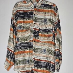 Vtg 90s Music Silk Abstract Festival Disco Jazz Button Up Shirt Goouch Mens S